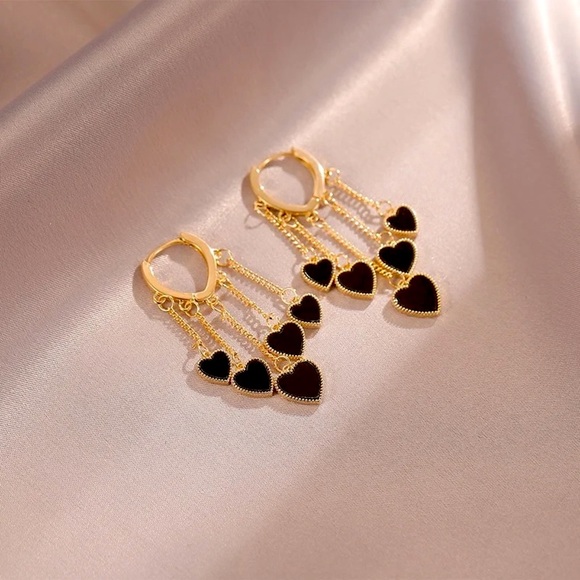 “Cross My Heart” Hoop Gold Black Heart Valentines Date Dangle Gift Cute Earrings - Picture 4 of 6
